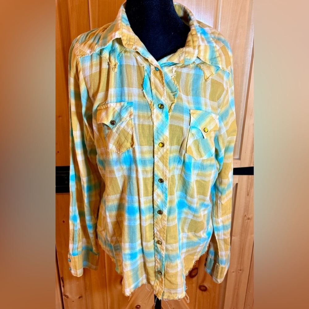 Cruel Girl Yellow and Blue Plaid Shirt Western style shirt, size XL